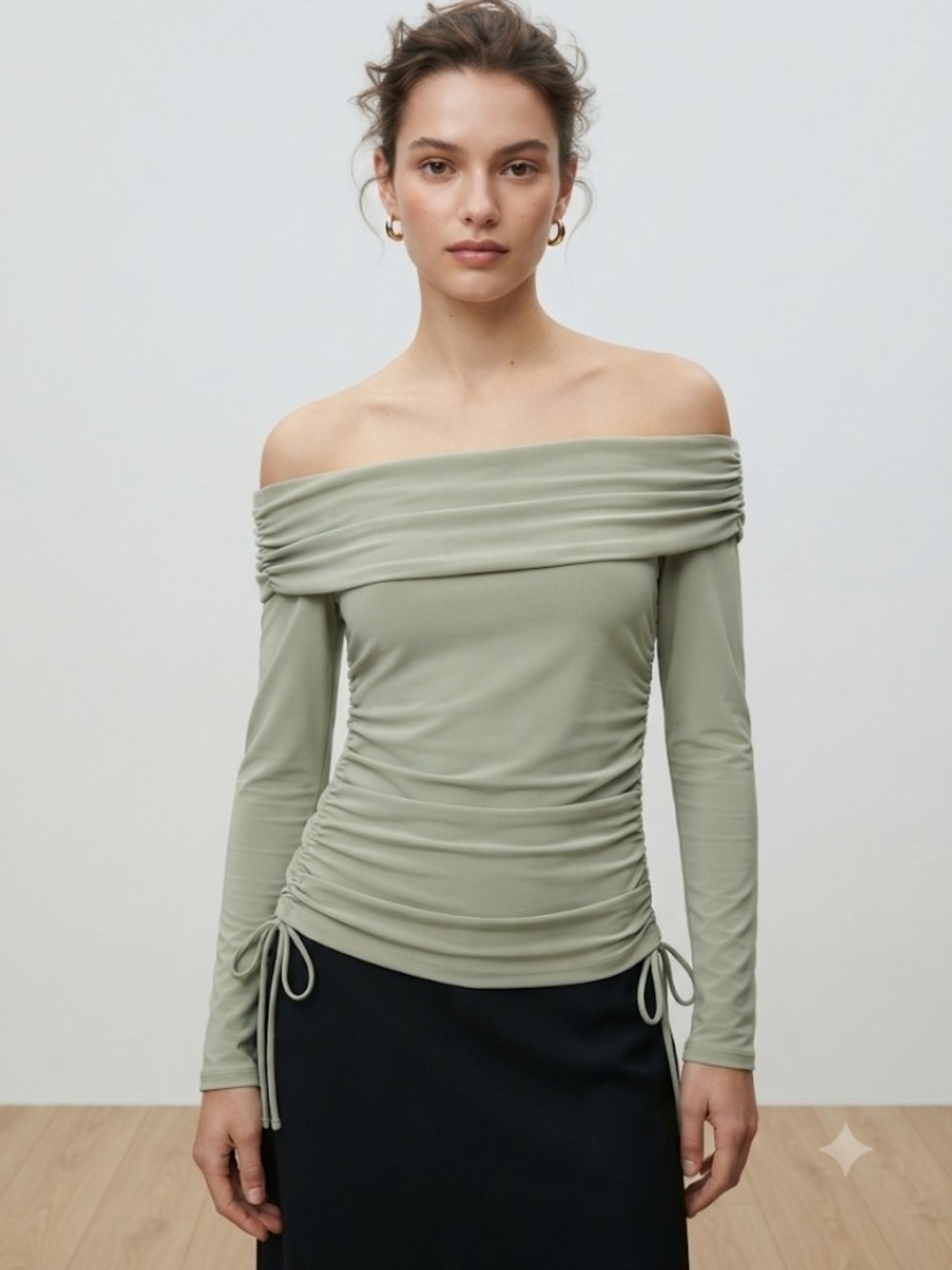 Zara Off-Shoulder Ruched Long Sleeve Top - Sage
